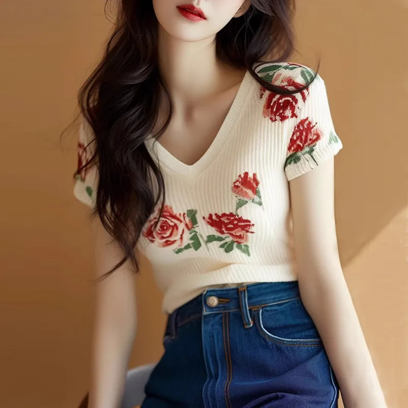 Embroidery Roses - Blusa de Punto Beige para Mujer,