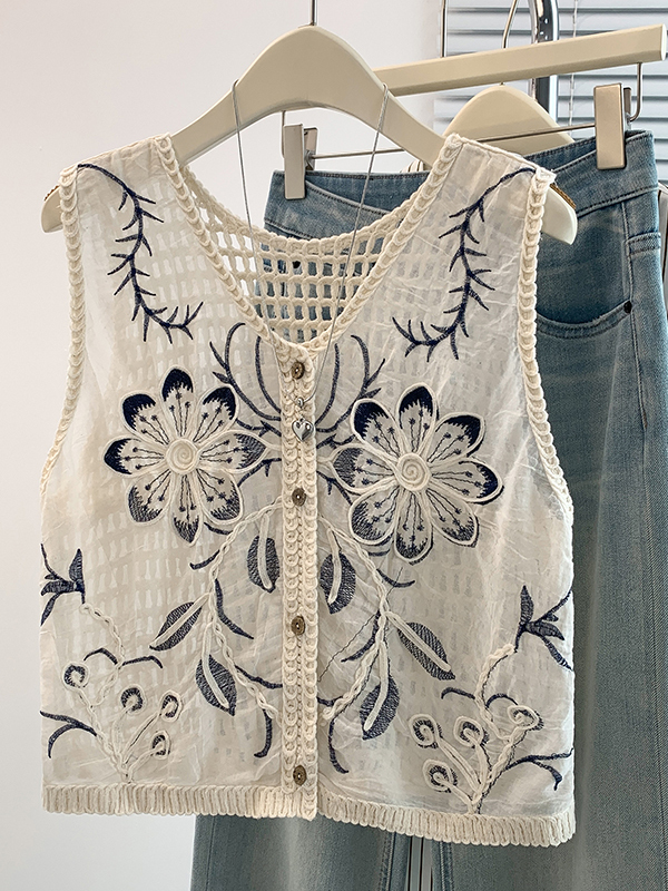 Embroidery Cardigan - Camiseta sin mangas de verano para