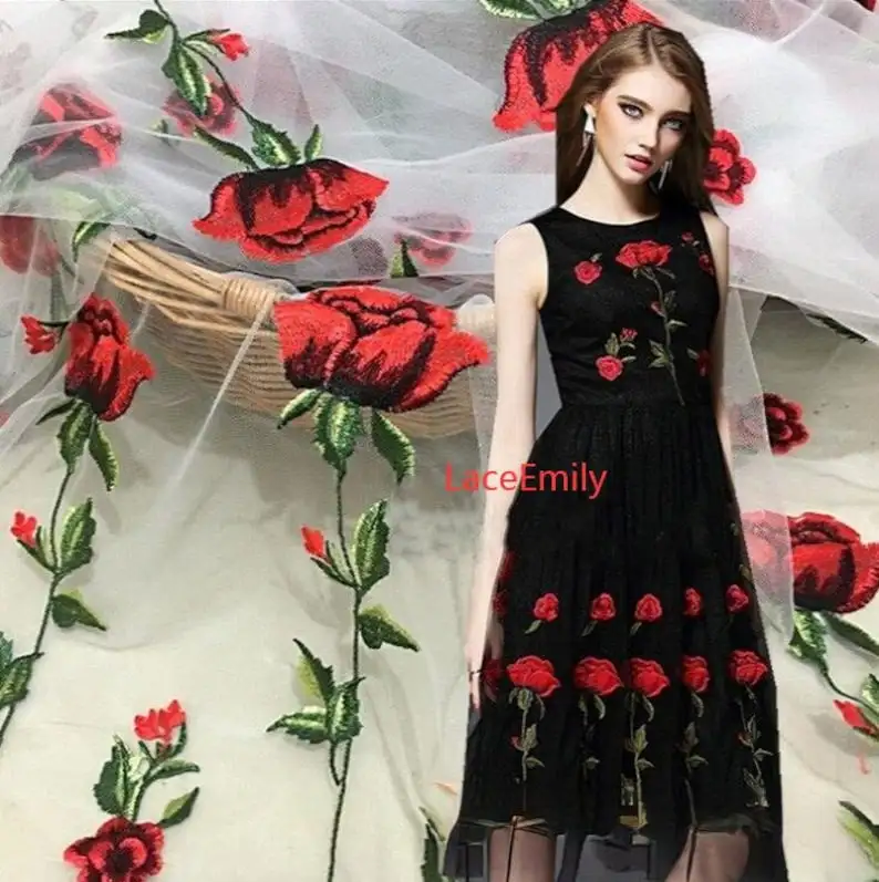 Tela de encaje de rosa roja, b - Embroidery Roses reseña y precio