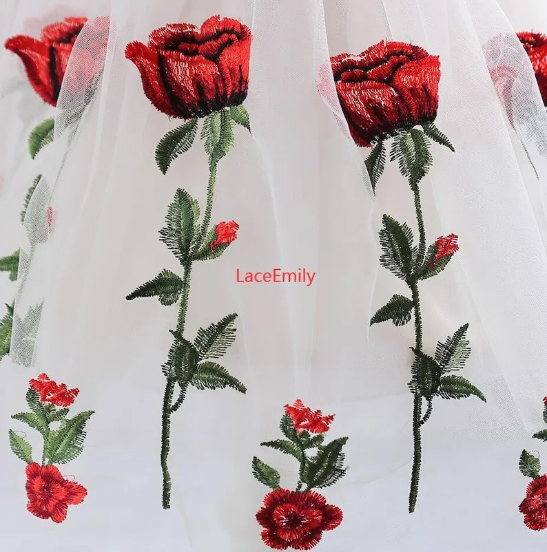 Tela de encaje de rosa roja, b - Embroidery Roses reseña y precio